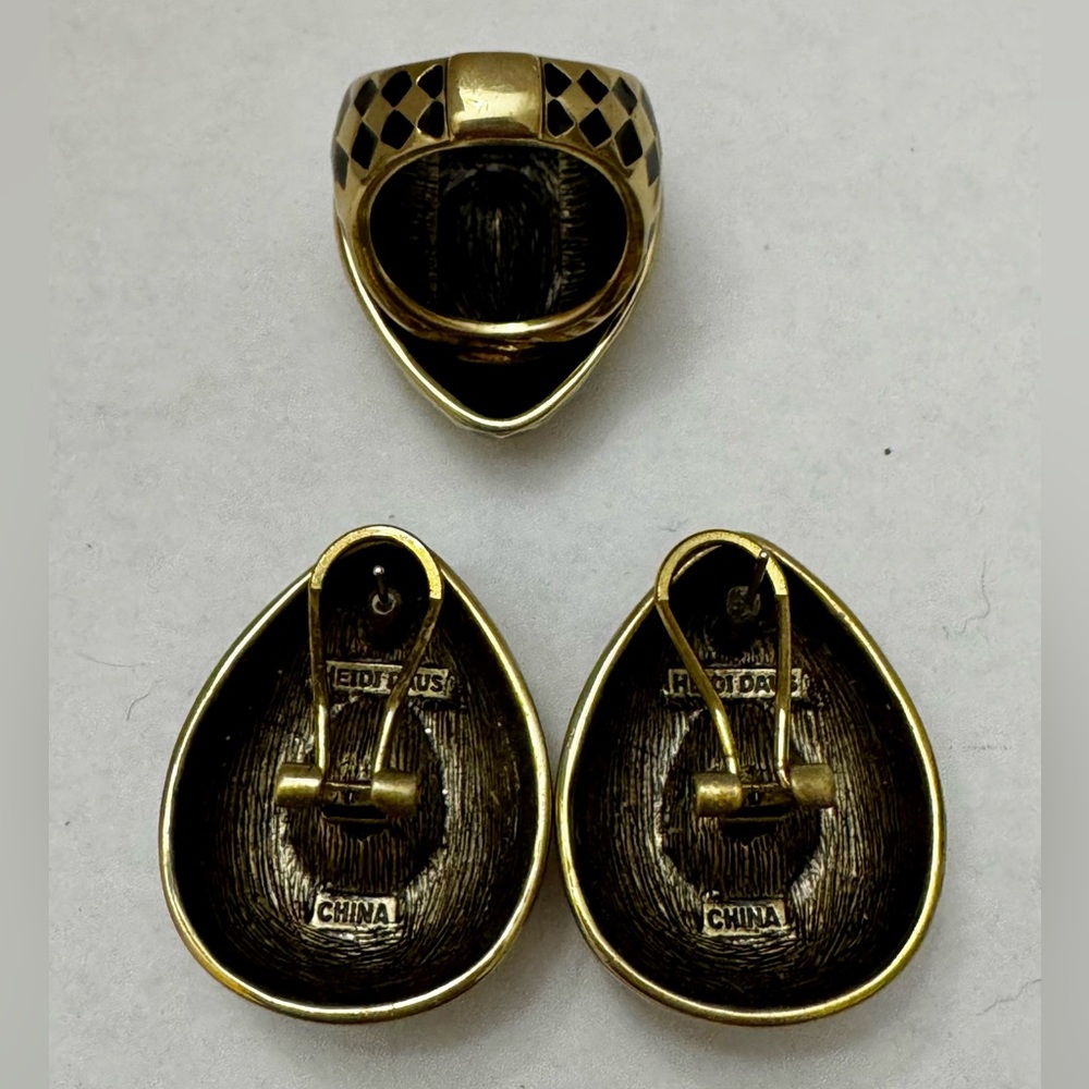HEIDI DAUS Black Enamel Orange Crystal Drop Omega Back Earrings & Matching Ring - Picture 2 of 5